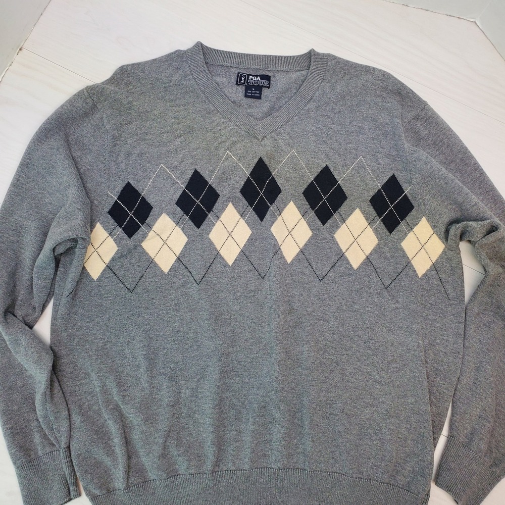 PGA Tour Mens Grey Argyle V-Neck 100% Cotton Pullover Sweater Large Golfcore